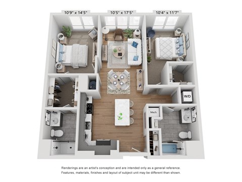 Floor plan for 2 beds, 2 baths, 1138 sqft